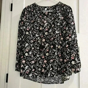 Old Navy Womens 3/4 Sleeves Tassel Tie Ruched Floral Black Blouse Top Size L